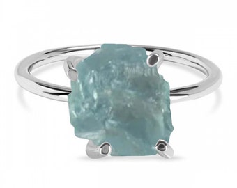 Raw Aquamarine Ring, 925 Sterling Silver Ring, Raw Crystal Ring, Raw Stone Jewelry For Women March Birthstone Ring, Raw Aquamarine Jewelry