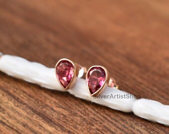 Pink Tourmaline Stud 925 Sterling Silver Stud Earring Rose Gold Stud Pink Tourmaline Quartz Stud Gemstone Earring Pear Stud Cut Stone