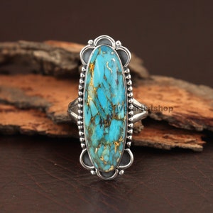 Boho Turquoise Ring, Silver Turquoise Ring, Turquoise Ring, 925 Silver Ring, Sterling Silver Ring, Long Gemstone Stone Ring,Bohemian Jewelry