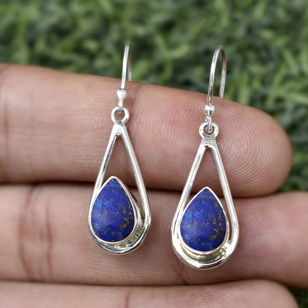 Lapis Lazuli Ohrringe, Lapis Lazuli Birne Edelstein, 925 Massiv Silber Ohrringe, Handgefertigte Ohrringe, Baumeln und Tropfen Ohrringe, Geschenk für Sie