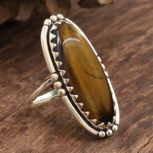 Natural Tiger-Eye Semi Precious Stone Boho Silver Ring,Oval Cabochon Ring,925 Sterling Silver Ring,Bride Ring,Anniversary Gift Item Ring