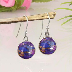 Round Turquoise Earring, Purple Copper Turquoise Dangle Earring, Solid 925 Silver Earring For Women Turquoise Jewelry, Purple Stone Earring