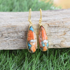 Oyster Copper Turquoise Pear Stone Solid 925 Sterling Silver Earrings For Women, Handmade Boho Silver Earrings For Wedding Anniversary Gift