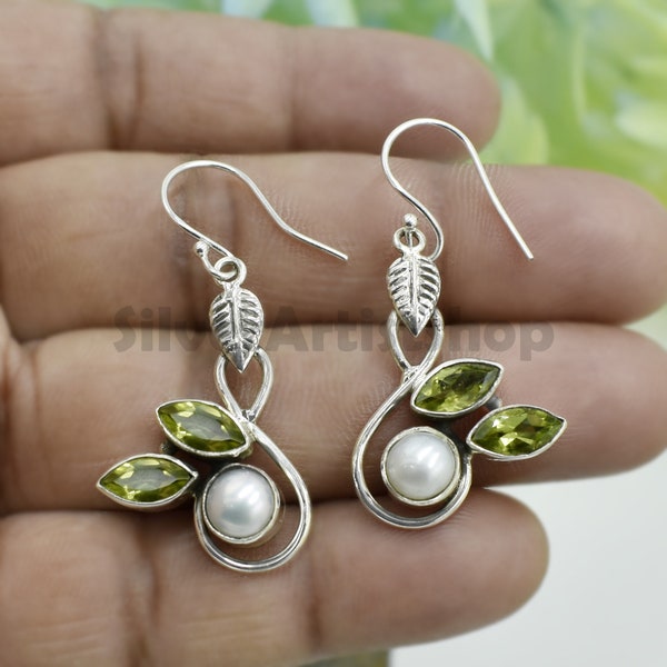 Peridot And Pearl Sterling Silver Earring, Dangle Earrings Gemstone Jewelry, Pearl Earrings Jewelry, Gift For Her,Beautiful Earrings Jewelry