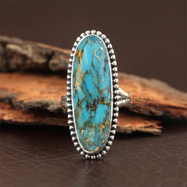 Bague ovale turquoise, bague en argent 925, bague en pierre longue, bague turquoise bleu cuivre, bague à bande turquoise faite à la main boho, cadeau de mariage pour elle