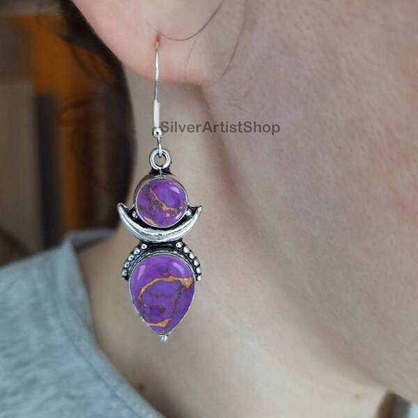 Purple Copper Turquoise Gemstone Earrings | 925 Sterling Silver Stone Earrings | Designer Handmade Earring | Women Wedding Earring Gift
