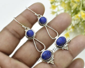 Lapis Lazuli Earrings, Lapis Lazuli Round Oval Gemstone, 925 Solid Silver Earrings, Handmade Earrings, Dangle And Drop Earrings,Gift For Her