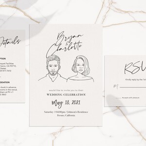 Customized Minimalist Wedding Invitation set with personalized Couple portrait, Details card and RSVP Card (Black and White)