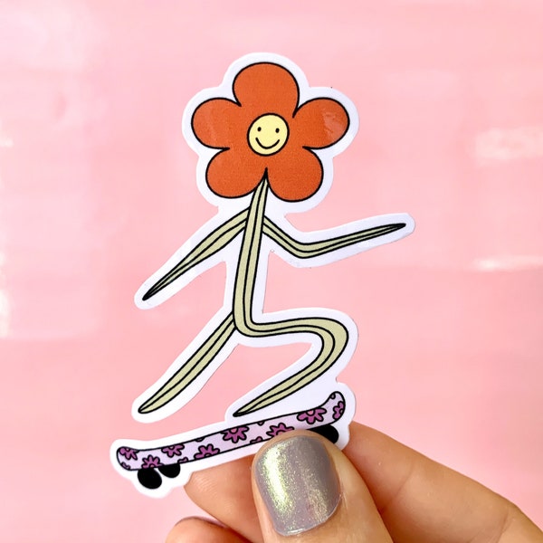 Skateboarding Daisy Wasserdichter Aufkleber | Wilde Blumen Sticker | Lustige Aufkleber für Laptop | Niedlicher Gänseblümchen Sticker | Gänseblümchen Sticker | Frankie Sue