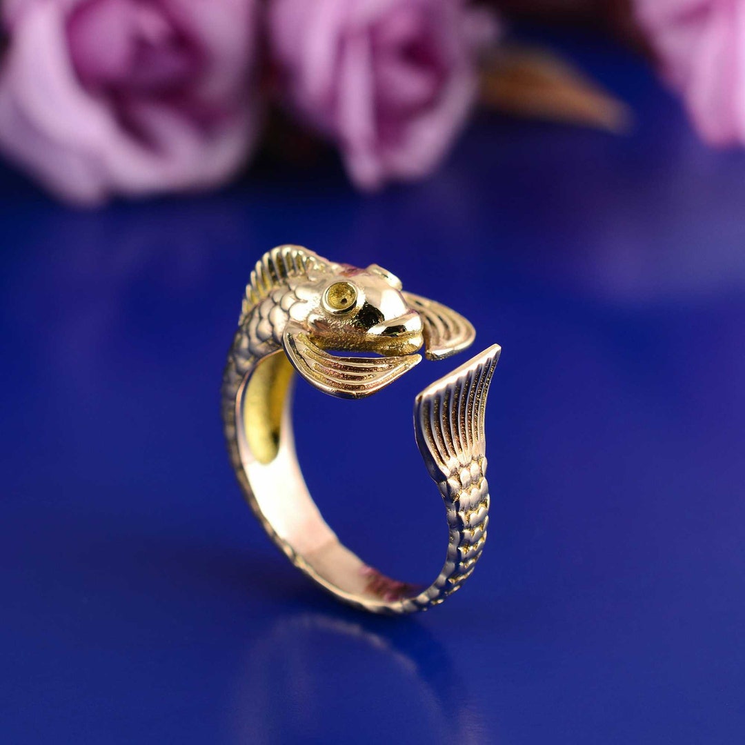Fish İchthus 18k Solid Gold Brass Ring, Christian Fish Ring, Ishthys