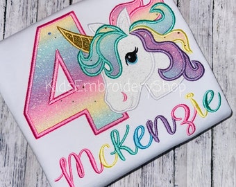 Girls Glitter Pastel Unicorn Birthday Shirt, Pink Mint Lavender Unicorn Girls birthday tee, Ages 1-9 Birthday Shirt for Kids