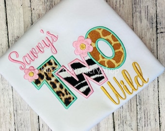 Two Wild Birthday Shirt, Safari Birthday Embroidery Kids Shirt, 2nd birthday shirt, Leopard Cheetah Zebra Giraffe Bday Shirt, 2 Wild Tee