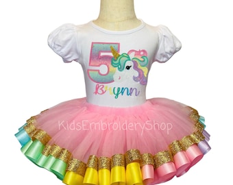 Unicorn Birthday Outfit, Girls Pastel Rainbow Unicorn Birthday Tutu Set, Unicorn Tutu and Shirt