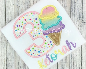 Girls Ice Cream Birthday Shirt, 2 Sweet Birthday Tee, 3 Scoops of Fun Birthday T-Shirt, Glitter Birthday Party Outfit, 1st 2nd 3rd Birthday