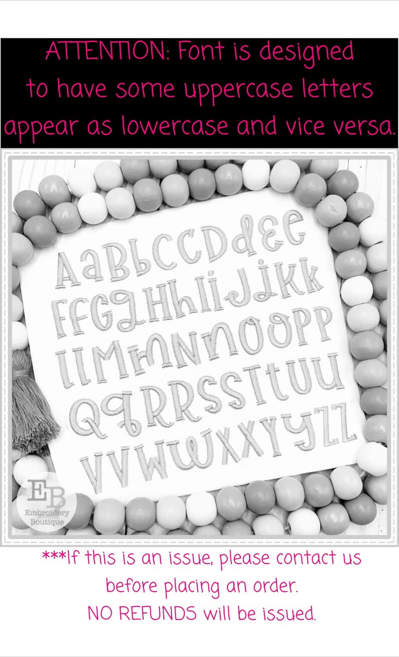 May include: A black and white image of the alphabet in a decorative font. The font is designed to have some uppercase letters appear as lowercase and vice versa. The text reads: "ATTENTION: Font is designed to have some uppercase letters appear as lowercase and vice versa. AaBbCcDdEe FfGgHhIiJjKk LlMmNnOoPp QqRrSsTtUu VvWwXxYyZz ***If this is an issue, please contact us before placing an order. NO REFUNDS will be issued."