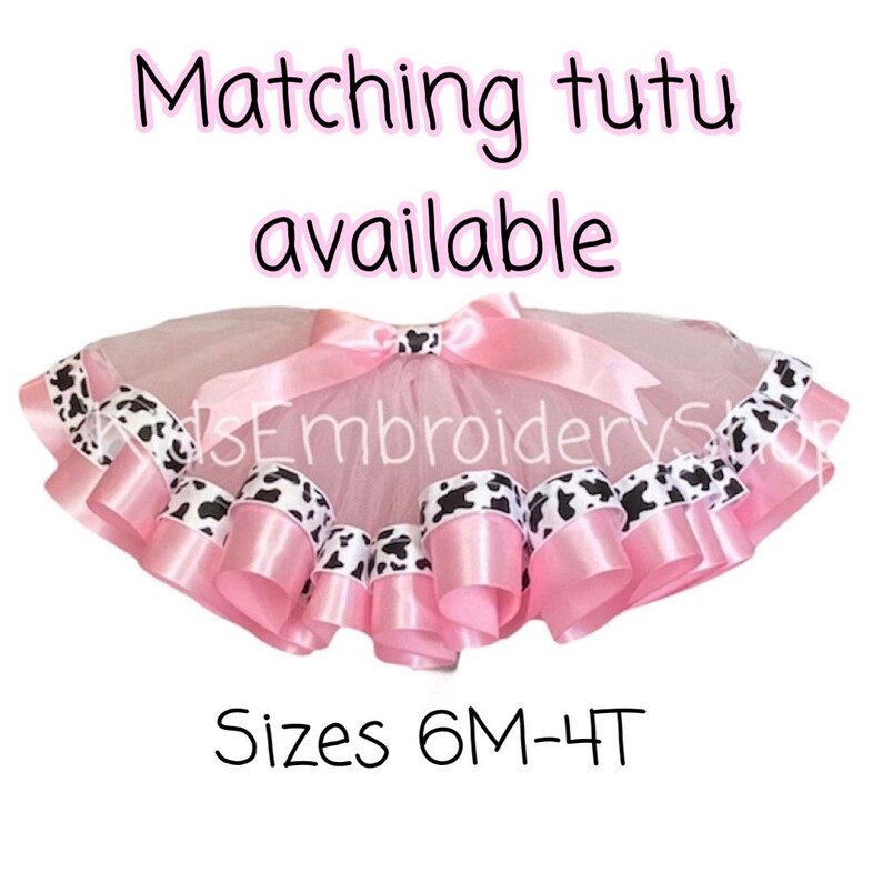 May include: Pink tulle tutu with black and white cow print ribbon trim. Sizes 6M-4T. Matching tutu available.