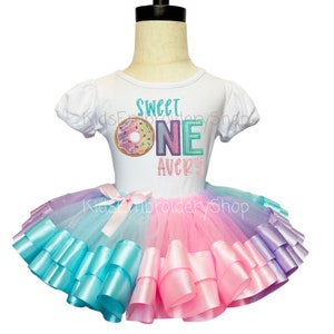 Sweet One Donut Tutu Set, Girls 1st Party Donut Shirt, Pastel Rainbow Glitter