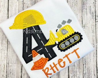 4th Birthday Boys Construction Bulldozer  Shirt, Ages 1-9 Construction Birthday Shirt Embroidery, Embroidered Construction Boys Shirt