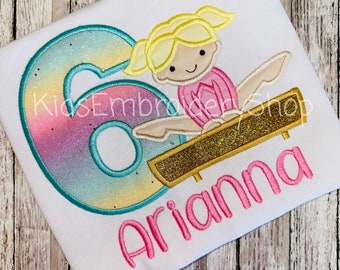 Girls Gymnastics Birthday Shirt,  Gymnastics Beam Birthday Tee, Kids Birthday T-Shirt, Glitter Birthday Party Outfit, 1-11 Birthday Top