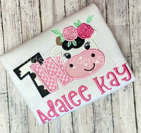 Cow 2nd Birthday Shirt, Two Cow Birthday T-Shirt, Girls Second Birthday Shirt Embroidery, Farm Birthday Shirt, Pink Cow Birthday Shirt, Gift