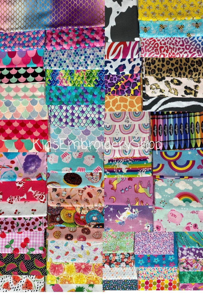 May include: A collection of colorful fabric squares with various patterns, including mermaids, rainbows, unicorns, donuts, and cherries. The fabric squares are arranged in a grid pattern and are perfect for quilting, crafting, or sewing projects.