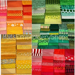 May include: A collection of fabric squares in various shades of orange, yellow, green, and red. The fabric squares are arranged in stacks and feature different patterns, including polka dots, stripes, and floral designs. The text "Kids Embroidery Shop" is visible in the image.
