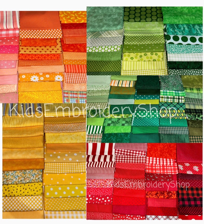 May include: A collection of fabric squares in various shades of orange, yellow, green, and red. The fabric squares are arranged in stacks and feature different patterns, including polka dots, stripes, and floral designs. The text "Kids Embroidery Shop" is visible in the image.
