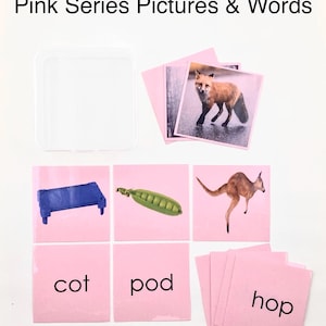 Images de la série Montessori rose et cartes-mots correspondantes