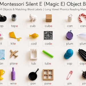 May include: A Montessori Silent E Object Box set featuring 24 miniature objects and matching word labels. The collection includes items like a toy tap, tape, cub, cube, can, cane, kit, kite, cod, code, plum, plume, plan, plane, tub, tube, cap, cape, win, wine, pan, pane, pin, and pine.