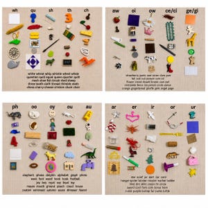 May include: Four educational charts on a beige background, each featuring columns of small physical objects organized by phonics sounds. The charts include text labels for each column, such as wh, qu, sh, th, ch, aw, oi, ow, ce/ci, ge/gi, ph, oo, oy, ou, au, ar, er, ir, or, and ur.