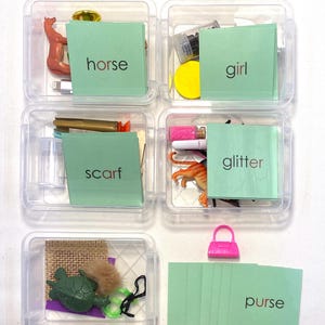 May include: Six clear plastic containers, each holding various small items. The containers are labelled with green cards that read "horse", "girl", "scarf", "glitter", and "purse". The items include toy animals, glitter, and a miniature purse.