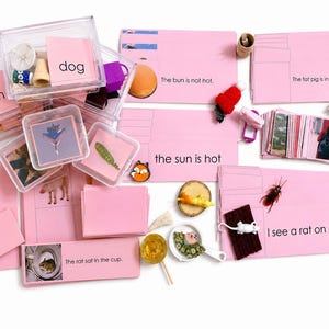 Puede incluir: Una colección de materiales educativos que incluye cajas de almacenamiento de plástico transparente, tarjetas rectangulares rosas con frases impresas como The bun is not hot, The fat pig is in the mud y I see a rat on a mat, junto a pequeñas figuras.
