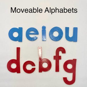 May include: The image shows blue and red moveable alphabet letters. The blue letters spell out the vowels a, e, i, o, and u. The red letters are the consonants d, c, b, f, and g. The text "Moveable Alphabets" is at the top.