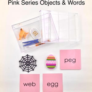 May include: A clear plastic box containing small objects, including a toy animal, a white oval with the number 10, a blue clothes peg, and a small orange object. Below are a black spider web, a decorative egg, and pink cards with the words "web", "egg", and "peg". The text "Pink Series Objects & Words" is at the top.