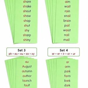 May include: Four sets of light green educational flashcards arranged in a grid. Each set features a header with phonics combinations and a list of words below. Set 1 includes sh, th, ch, wh, qu. Set 2 includes ai, ee, ie, oa, ue. Set 3 includes ph, au, ou, oo, oy. Set 4 includes ar, er, ir, or, ur.