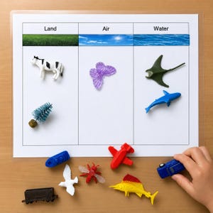 May include: A sorting activity sheet with three columns labelled Land, Air, and Water. The sheet features a black and white cow, a green tree, a purple butterfly, a green stingray, and a blue shark. Loose items include a blue boat, white bird, red insect, red aeroplane, yellow fish, and blue car.
