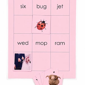 May include: A pink grid sheet featuring the words six, bug, jet, wed, mop, and ram. A ladybird image covers the bug square, and a wedding photo covers the wed square. Additional cards with images of a ram and other items are placed at the bottom.