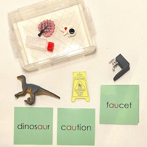 May include: A collection of miniature toys and educational cards. Includes a gray and yellow dinosaur, a yellow caution sign, a faucet, and cards that read "dinosaur", "caution", and "faucet". Also, a clear plastic container with small decorative items.
