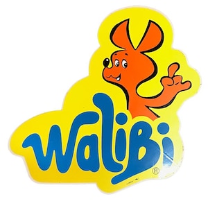 May include: A vintage Walibi amusement park logo sticker. The sticker features a cartoon kangaroo character in orange and black, with the word "Walibi" in blue on a yellow background.