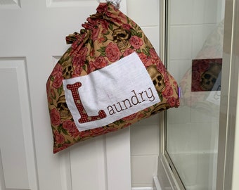 Funky cotton fabric appliquéd laundry bag with cotton drawstring