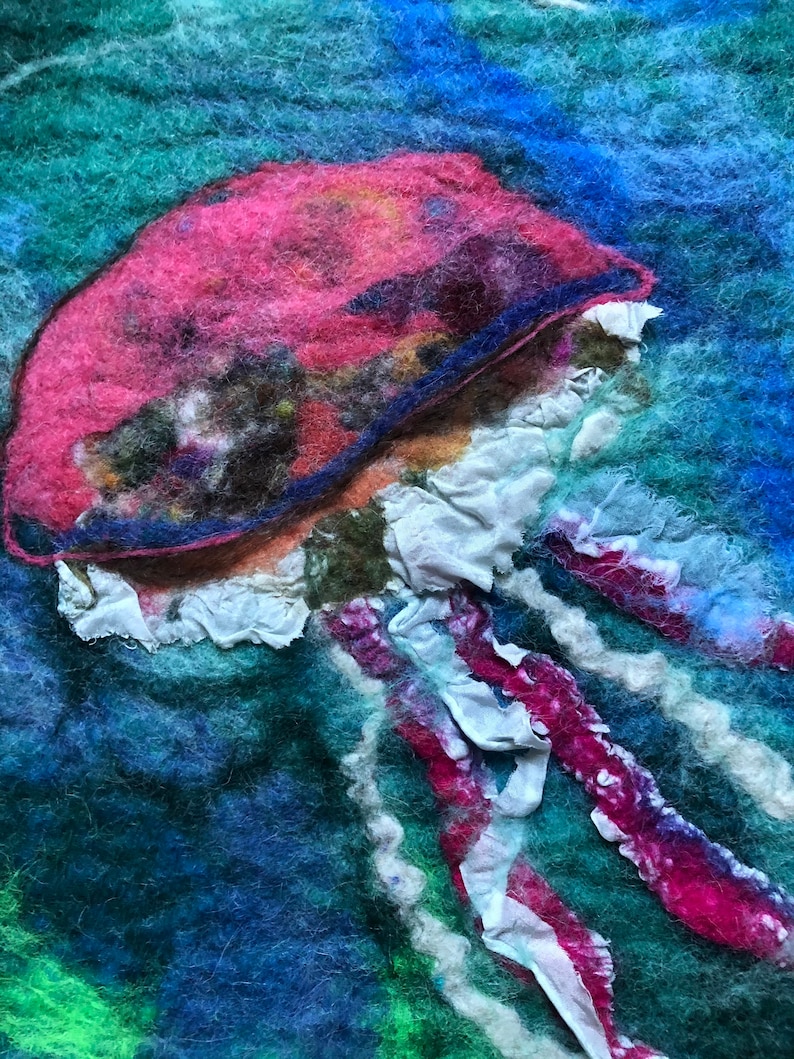 Wet felted Wall Hanging Two Jellyfish wall art Wool Art Home Jelly fishDecor Wall Art Jellyfish Wall Hanging