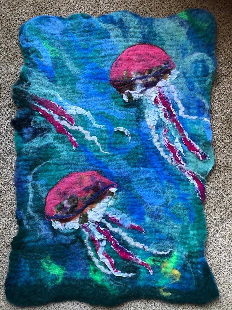 Wet felted Wall Hanging Two Jellyfish wall art Wool Art Home Jelly fishDecor Wall Art Jellyfish Wall Hanging