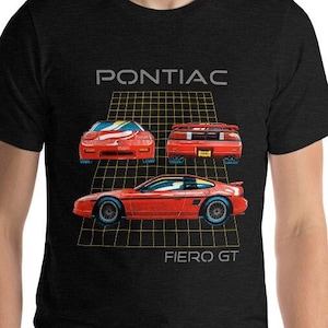 May include: A black t-shirt with a red Pontiac Fiero GT graphic. The graphic shows the car from the front, side, and back views. The text "PONTIAC" and "FIERO GT" are also included in the graphic.