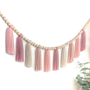Pink Sparkle | Wood Bead Tassel Garland | Yarn Wall Hanging | Tassel Wall Hanging | Boho Decor | Nursery & Kids Room Decor