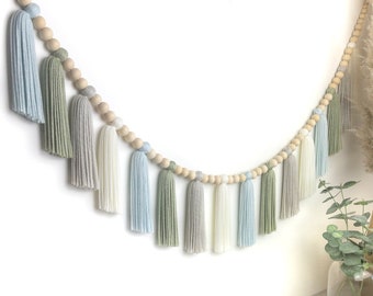 Blue Sage | Wood Bead Tassel Garland | Yarn Wall Hanging | Tassel Wall Hanging | Boho Decor | Nursery & Kids Room Decor