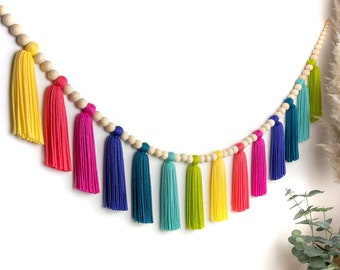 Bright Rainbow | Wood Bead Tassel Garland | Yarn Wall Hanging | Tassel Wall Hanging | Boho Decor | Nursery & Kids Room Decor