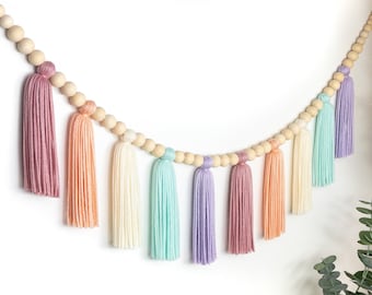 Muted Rainbow | Wood Bead Tassel Garland | Yarn Wall Hanging | Tassel Wall Hanging | Boho Decor | Nursery & Kids Room Decor