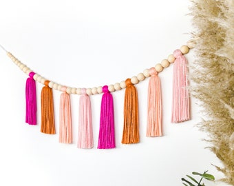 Summer Sunset | Wood Bead Tassel Garland | Yarn Wall Hanging | Tassel Wall Hanging | Boho Decor | Nursery & Kids Room Decor | Party Decor