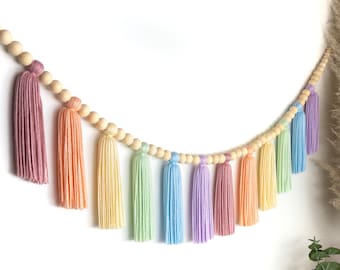Rainbow | Wood Bead Tassel Garland | Yarn Wall Hanging | Tassel Wall Hanging | Boho Decor | Nursery & Kids Room Decor