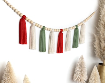 The Holiday Collection | North Pole | Christmas Wood Bead Tassel Garland | Boho Christmas | Holiday Garland | Mantle Garland | Scandinavian